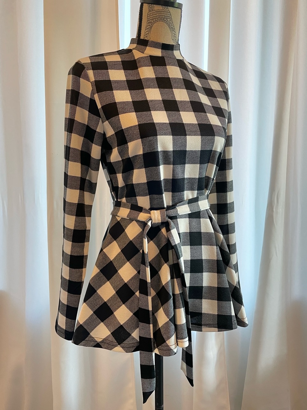 Black and White Buffalo Check Peplum Belted Top